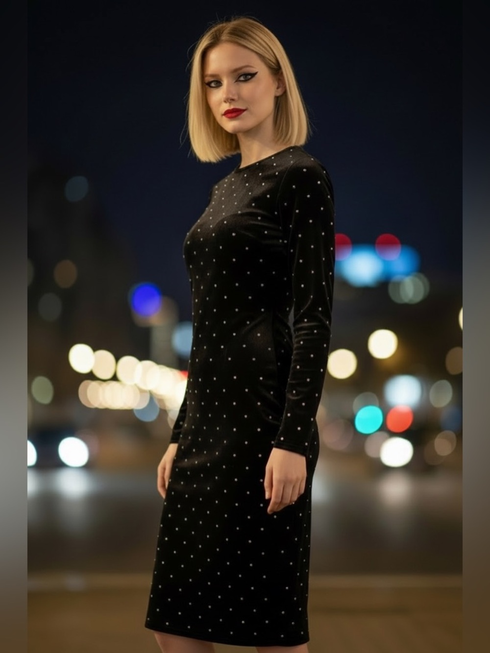 Jennifer Lopez Black Long Sleeve Velvet Dress with Subtle Stud Detail